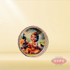 Round Shape German Silver Little Krishna With Cow Tray