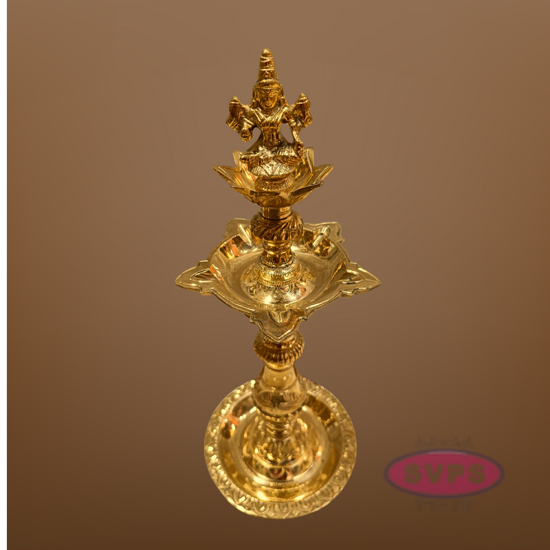 Brass Goddess Lakshmi Kuthu Vilakku – Traditional Standing Oil Lamp for Pooja