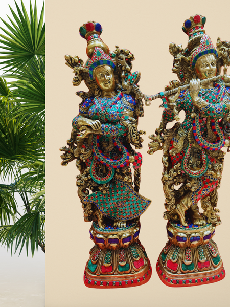Brass Radha Krishna Set With Antique Stone Work