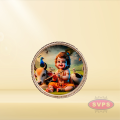 Round Shape German Silver Little Krishna With Cow Tray