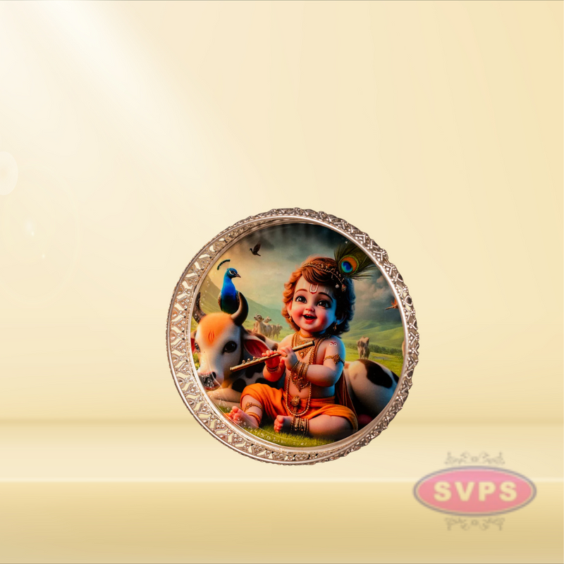 Round Shape German Silver Little Krishna With Cow Tray