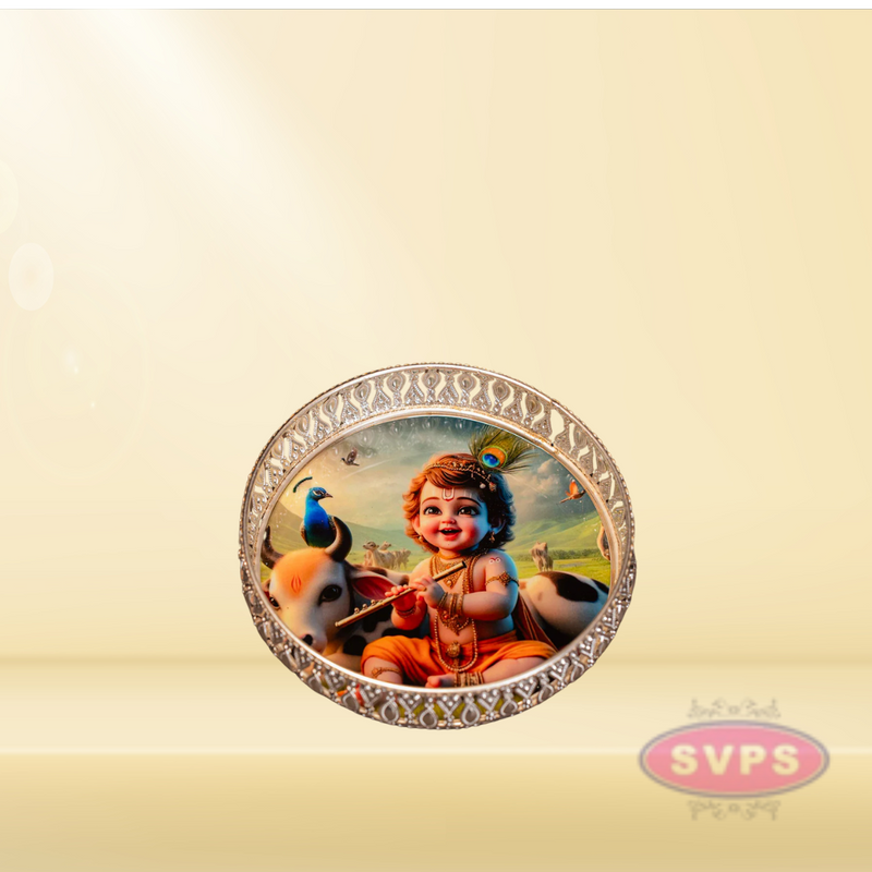 Round Shape German Silver Little Krishna With Cow Tray