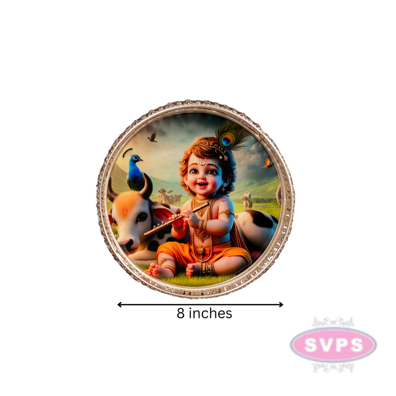Round Shape German Silver Little Krishna With Cow Tray