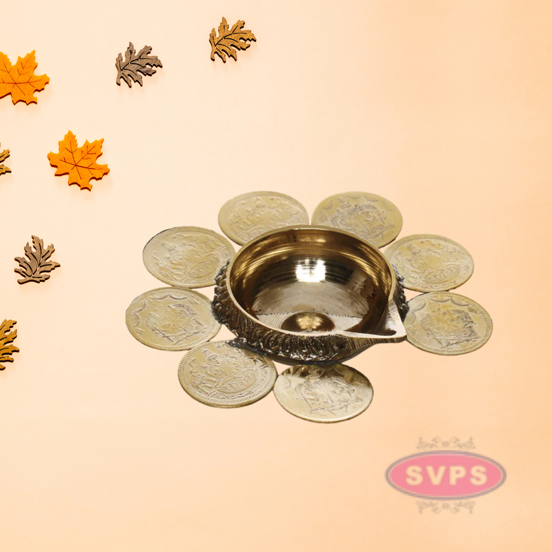 Brass 8 Coins Ashtalakshmi Kubera Oil Lamp Diya / Vilakku