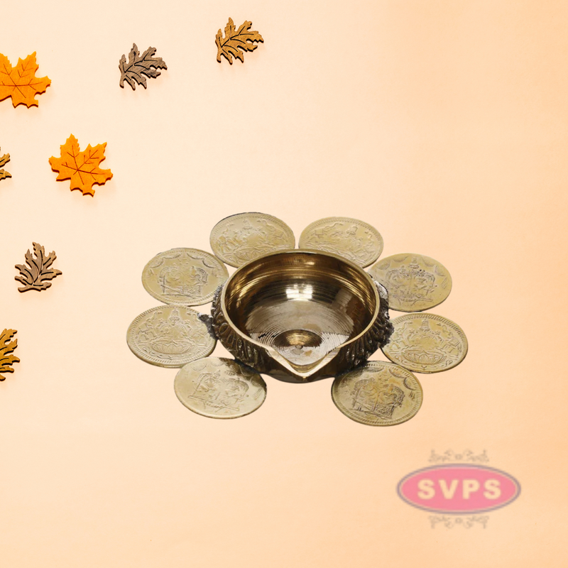 Brass 8 Coins Ashtalakshmi Kubera Oil Lamp Diya / Vilakku