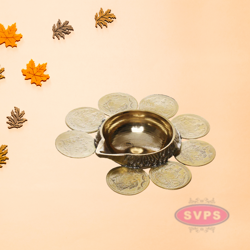 Brass 8 Coins Ashtalakshmi Kubera Oil Lamp Diya / Vilakku