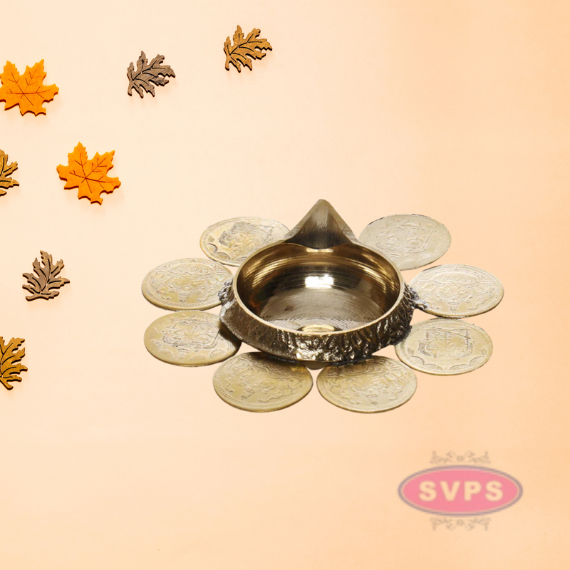 Brass 8 Coins Ashtalakshmi Kubera Oil Lamp Diya / Vilakku