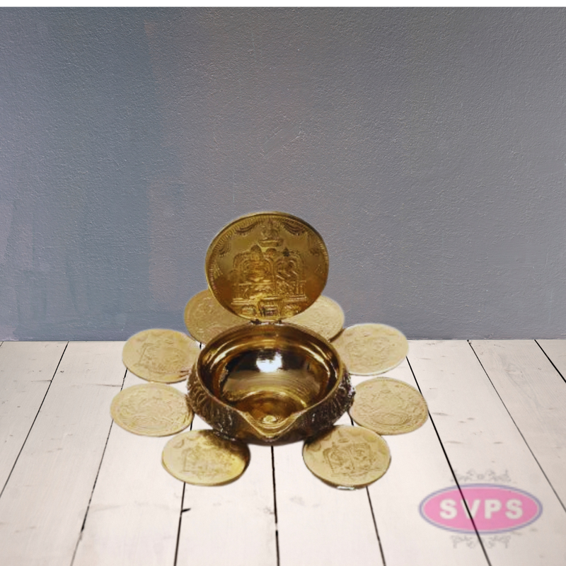 Brass 9 Coins Ashtalakshmi Kubera Oil Lamp Diya / Vilakku