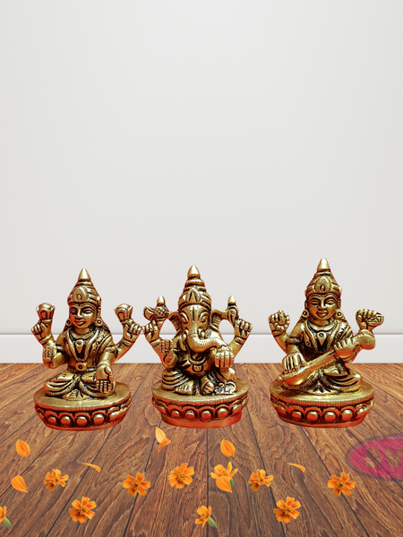 Brass Ganesh Lakshmi Saraswati Idol Set 3 Inches