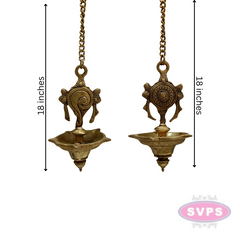 Brass Hanging Shanku Chakra Oil Lamp / 5 Face Diya / Villaku Set With Chain