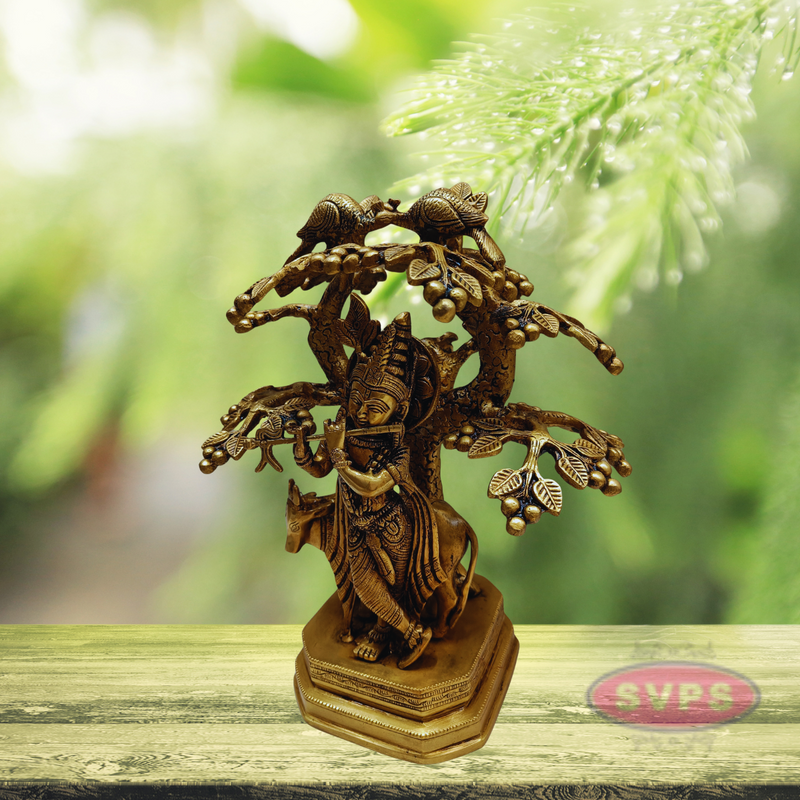 Brass Krishna With Cow Under Kadamba Tree