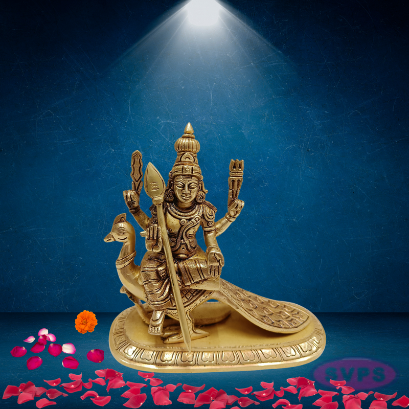 Brass Lord Murugan / Kartikeya Seated on Peacock Idol