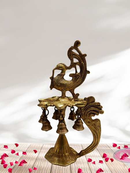 Brass Peacock Lamp with Handle And Bells