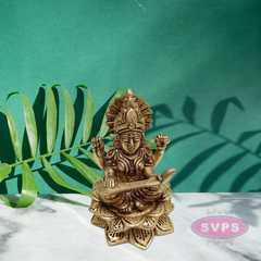 Brass Saraswathi Sitting On Lotus / Showpiece