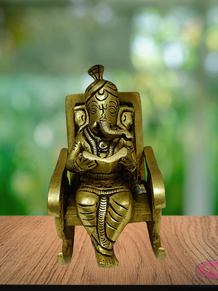 Brass Ganesh on Chair Idol – Antique Finish Lord Ganesha Statue for Pooja & Home Décor
