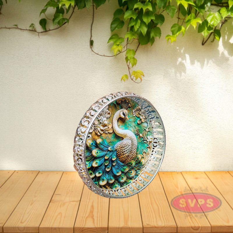 Decorative Silver Colored Round Shaped Peacock Design Metal Serving Tray