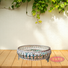 Decorative Silver Colored Round Shaped Peacock Design Metal Serving Tray
