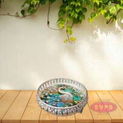 Decorative Silver Colored Round Shaped Peacock Design Metal Serving Tray