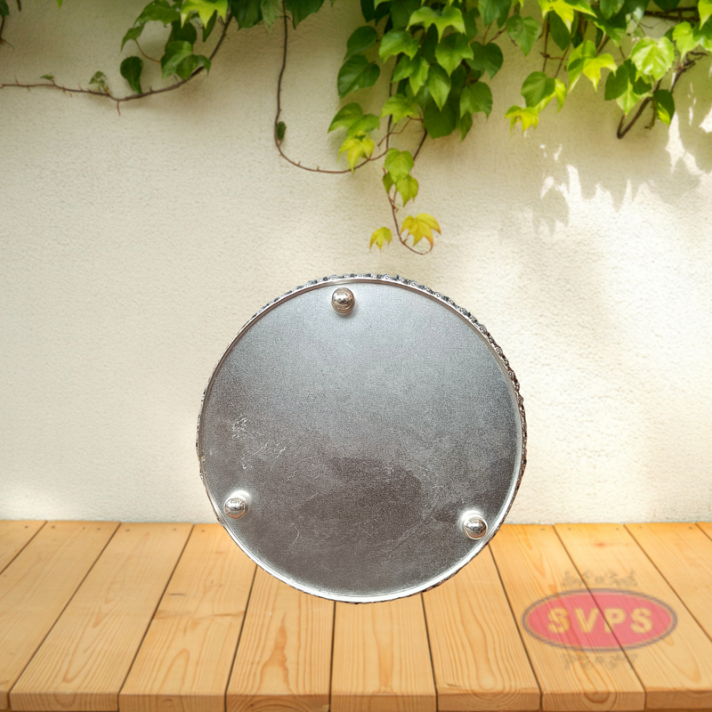 Decorative Silver Colored Round Shaped Peacock Design Metal Serving Tray