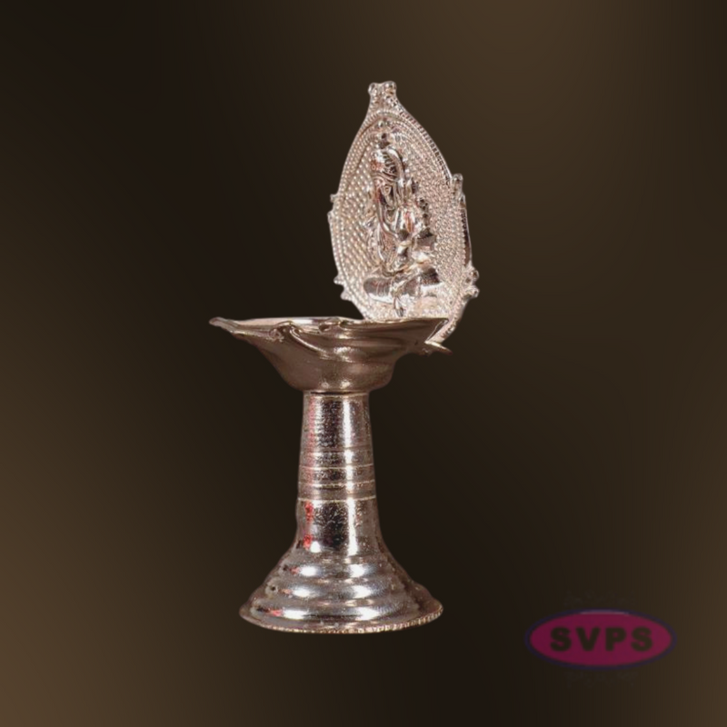 Silver Finish Lord Ganesha Pooja Diya with Long Stand Base