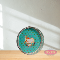 German Silver Round Shape Cow & Calf With Lotus Tray