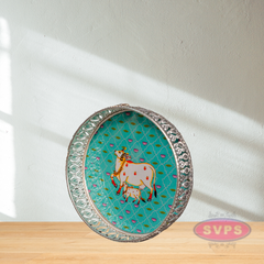 German Silver Round Shape Cow & Calf With Lotus Tray