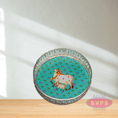 German Silver Round Shape Cow & Calf With Lotus Tray