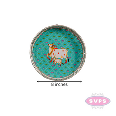 German Silver Round Shape Cow & Calf With Lotus Tray