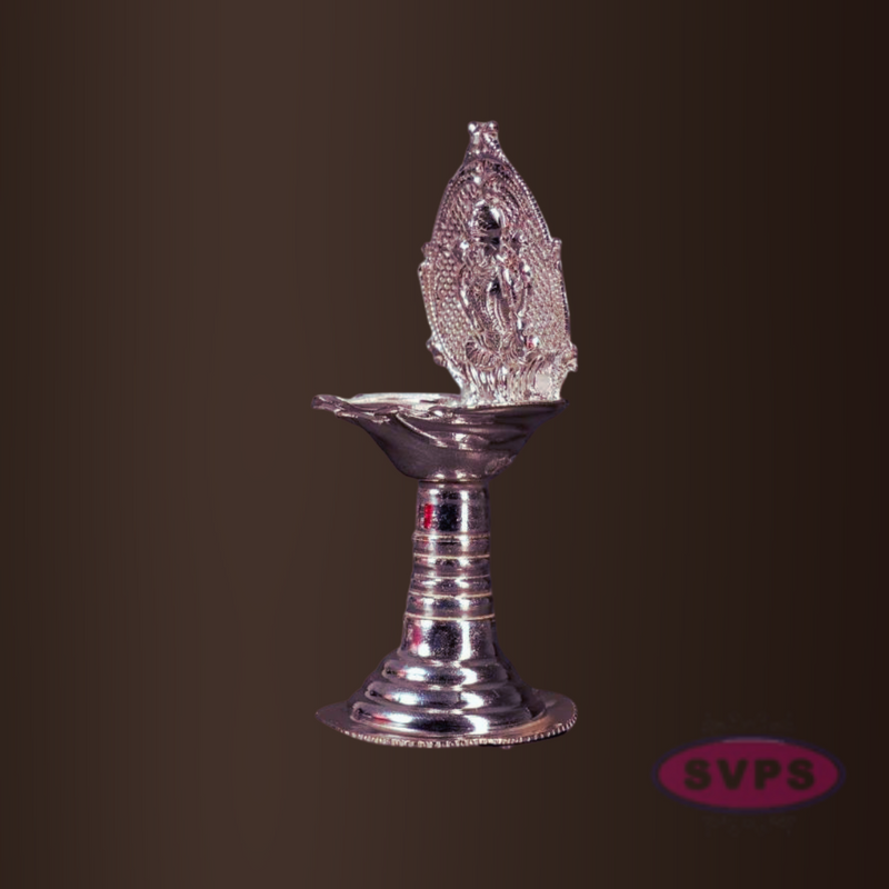 Silver Finish Lord Lakshmi Pooja Diya with Long Stand Base