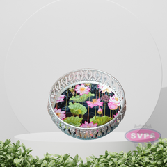 Silver Colored Metal Pichwai Round Tray With Lotus Design