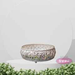 Silver Colored Metal Pichwai Round Tray With Lotus Design