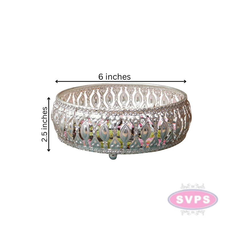 Silver Colored Metal Pichwai Round Tray With Lotus Design