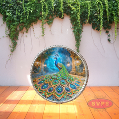 Silver Colored Metal Pichwai Round Tray With Peacock Design