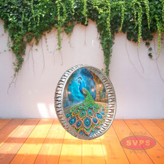 Silver Colored Metal Pichwai Round Tray With Peacock Design