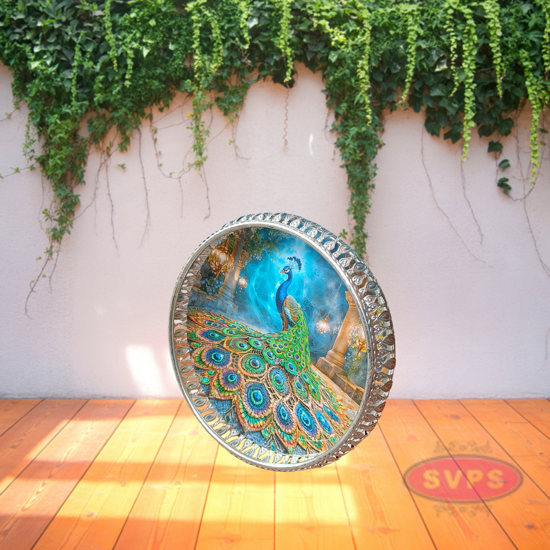 Silver Colored Metal Pichwai Round Tray With Peacock Design