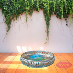 Silver Colored Metal Pichwai Round Tray With Peacock Design