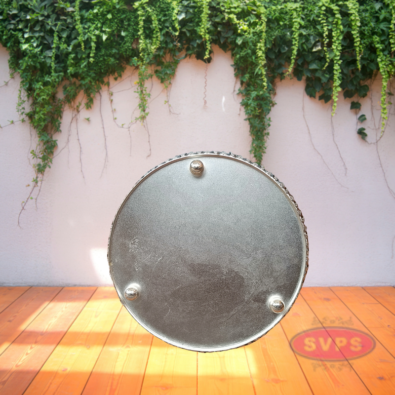 Silver Colored Metal Pichwai Round Tray With Peacock Design
