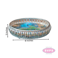 Silver Colored Metal Pichwai Round Tray With Peacock Design