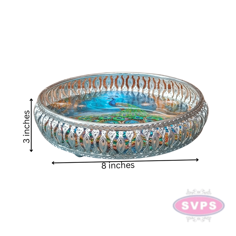 Silver Colored Metal Pichwai Round Tray With Peacock Design