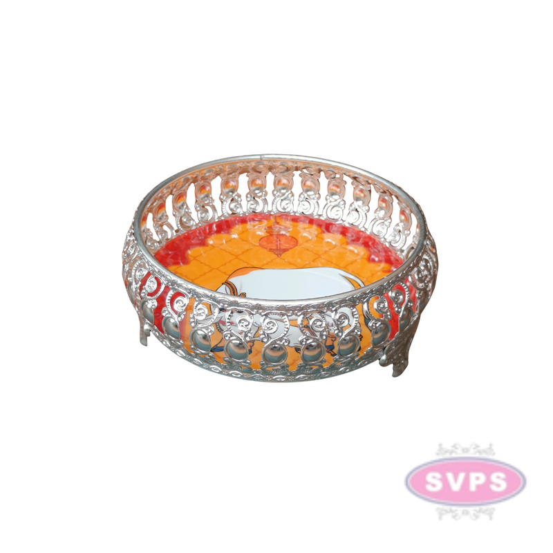 Silver Colored Metal Pichwai Serving Tray With Cow And Calf