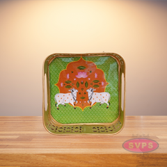Gold Colored Metal Pichwai Square Shaped Cow Design Serving Tray