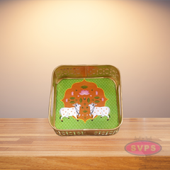 Gold Colored Metal Pichwai Square Shaped Cow Design Serving Tray