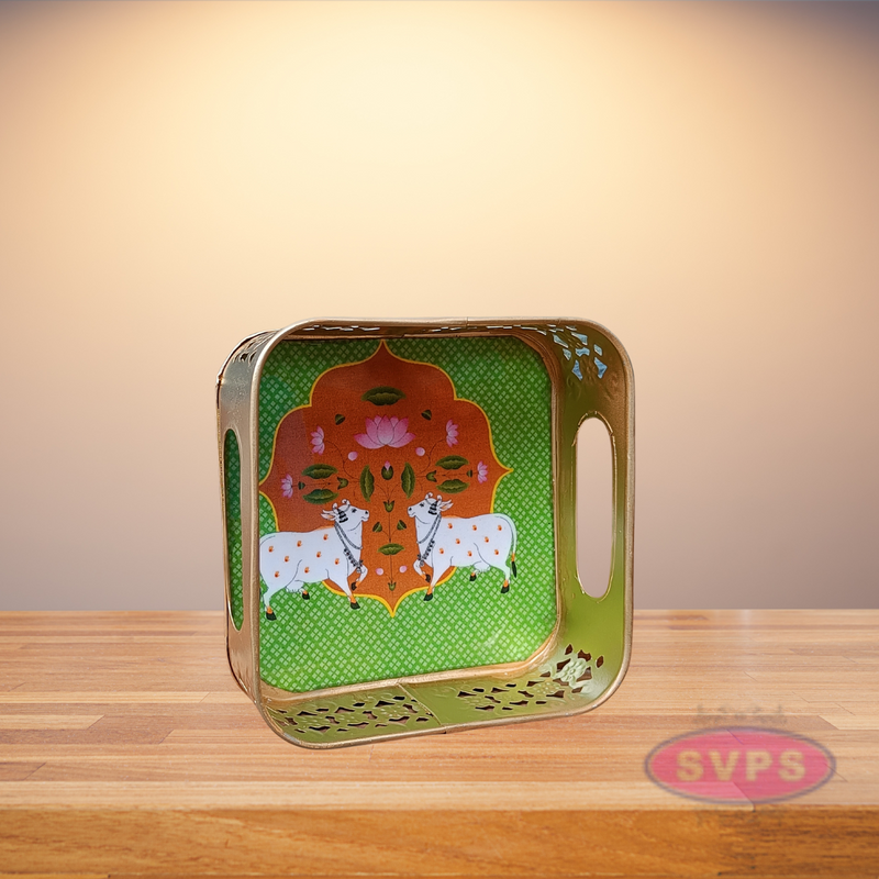 Gold Colored Metal Pichwai Square Shaped Cow Design Serving Tray