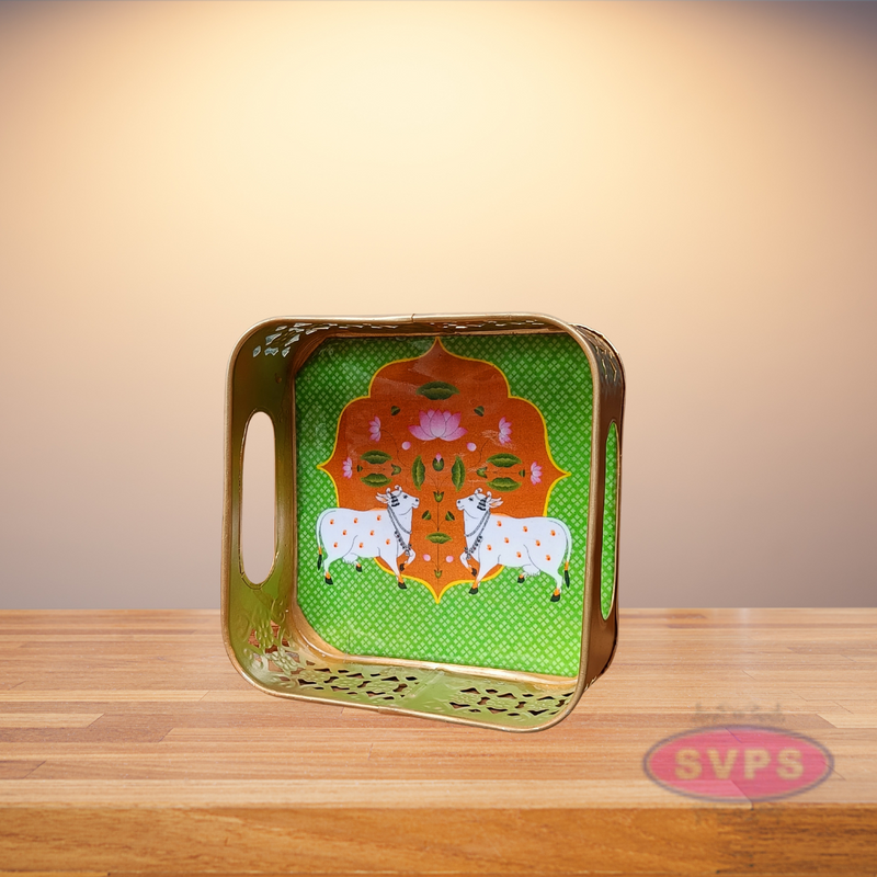 Gold Colored Metal Pichwai Square Shaped Cow Design Serving Tray