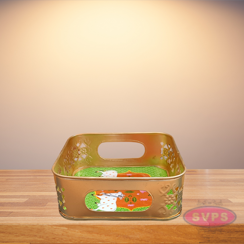 Gold Colored Metal Pichwai Square Shaped Cow Design Serving Tray