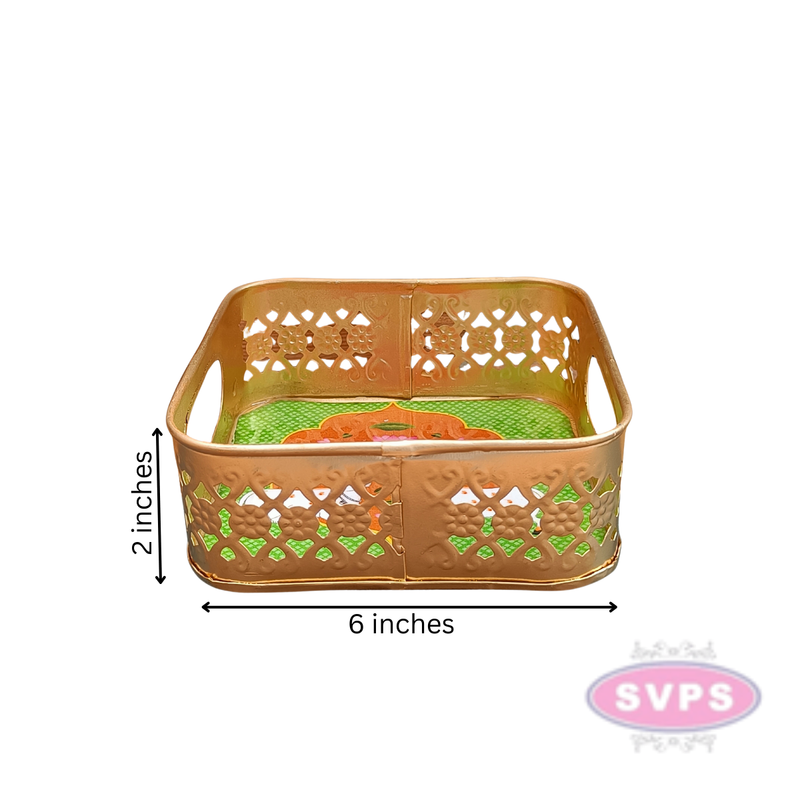 Gold Colored Metal Pichwai Square Shaped Cow Design Serving Tray