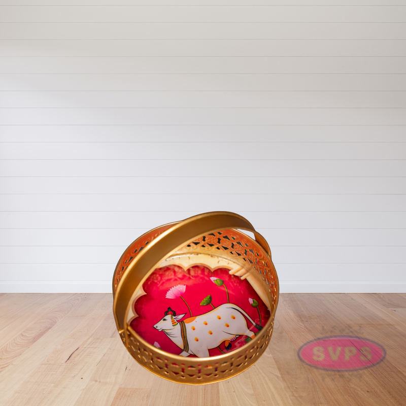 Metal Round Shape Pichwai Design Tray With Handle