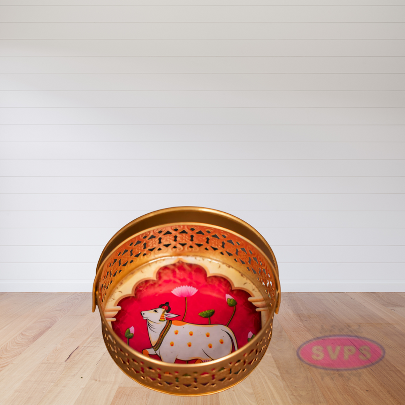 Metal Round Shape Pichwai Design Tray With Handle