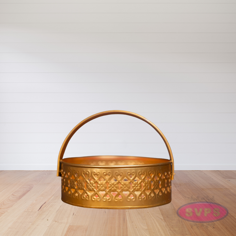 Metal Round Shape Pichwai Design Tray With Handle