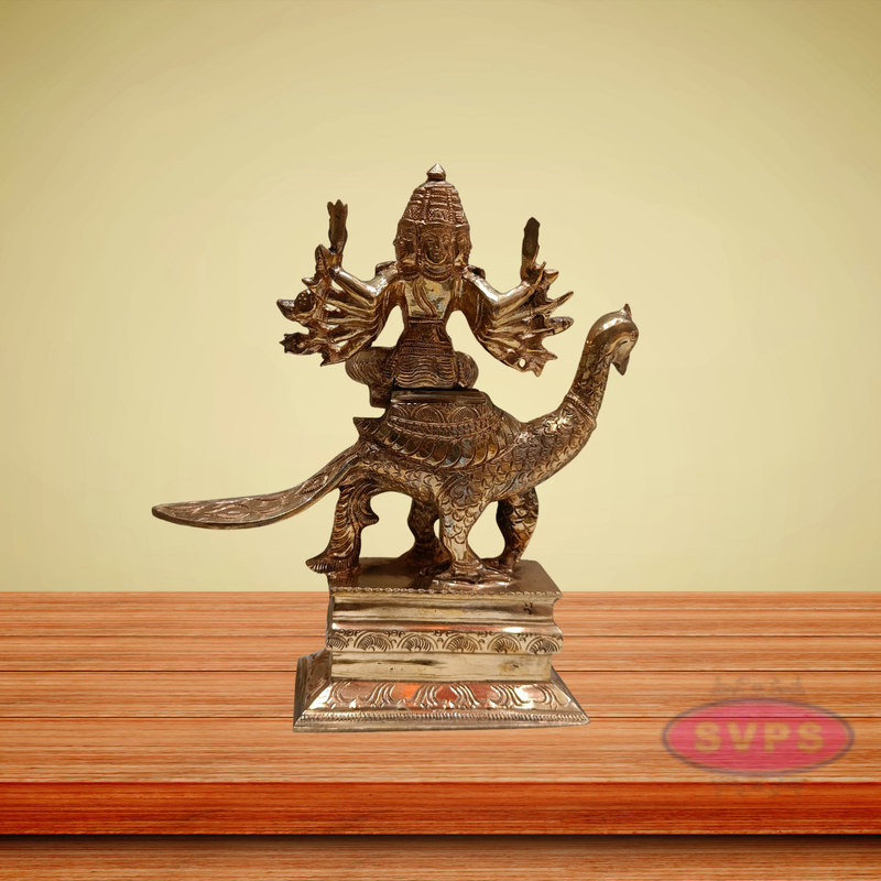 Panchaloham Six Faces Lord Karttikeya On Peacock Statue